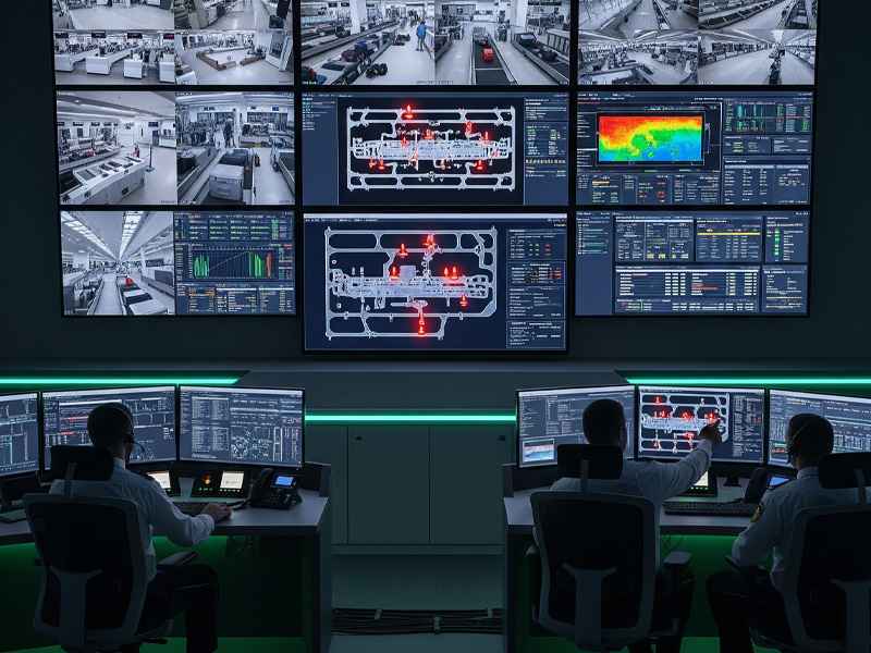 اتاق کنترل امنیت فرودگاه مجهز به سیستم‌های پایش تصویری و تحلیل هوشمند داده‌ها