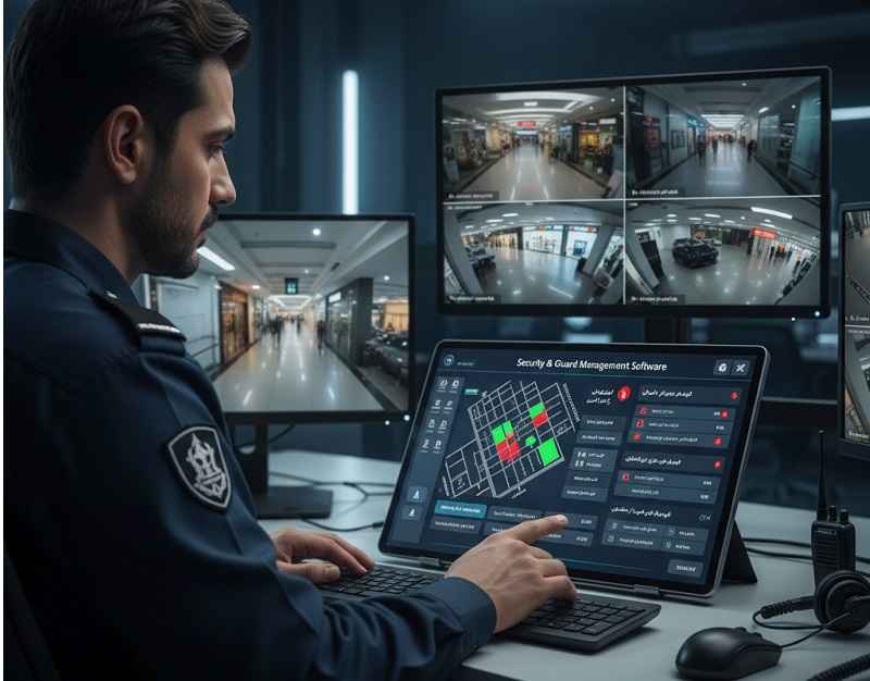 نگهبان در حال استفاده از نرم افزار مدیریت امنیت