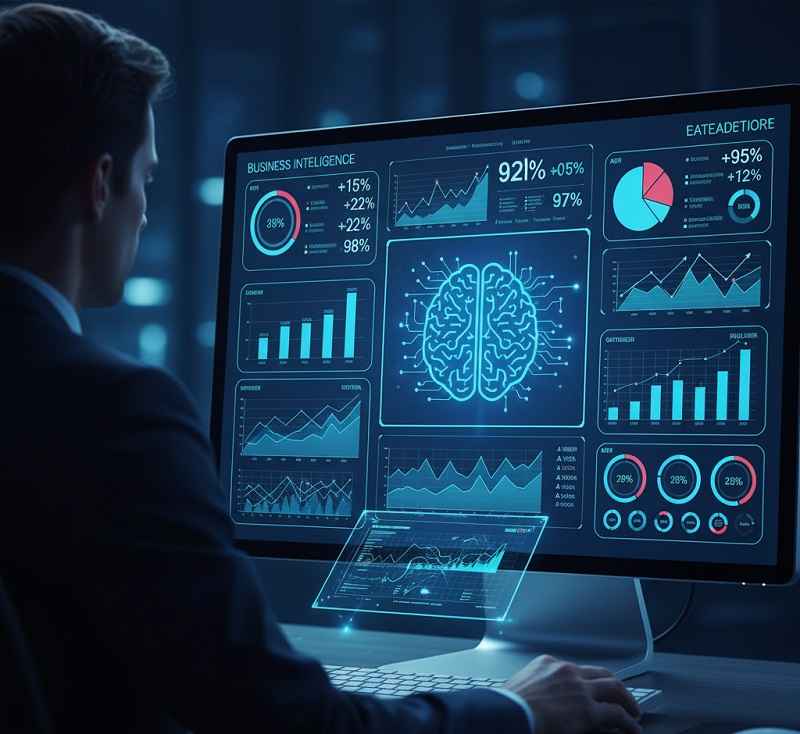 نمایی از یک صفحه نمایش داشبورد با نمودارها و اطلاعات تحلیلی