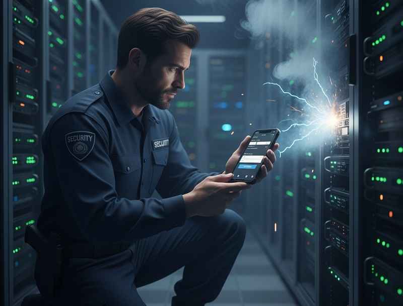 نگهبان در حال ثبت حادثه با اپلیکیشن روی گوشی هوشمند، نشاندهنده قابلیت گزارشدهی سریع