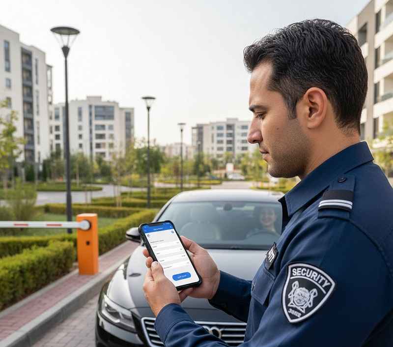نگهبان در حال ثبت تردد مهمان در ورودی مجتمع مسکونی با استفاده از اپلیکیشن