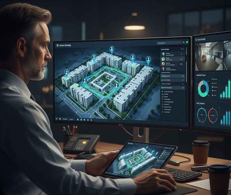 داشبورد مدیریتی مجتمع مسکونی با نمایش نقشه گشتزنی نگهبانان و وضعیت امنیتی مناطق مختلف