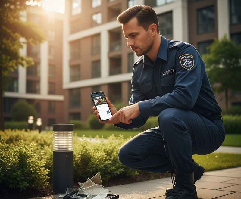 نگهبان در حال بررسی و ثبت یک مشکل در محوطه مجتمع مسکونی با استفاده از اپلیکیشن گوشی هوشمند